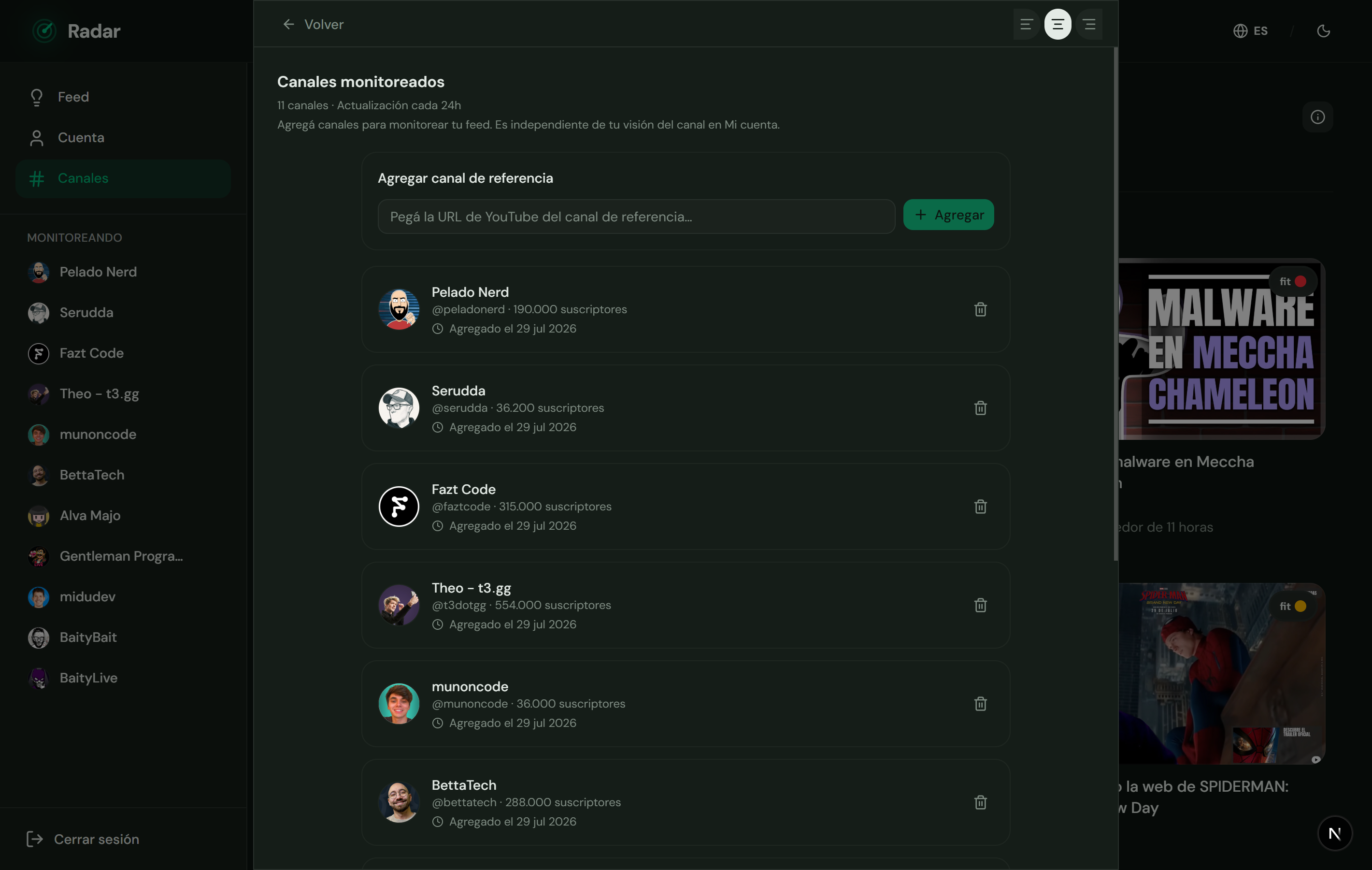 Sección Canales con la lista de canales de referencia