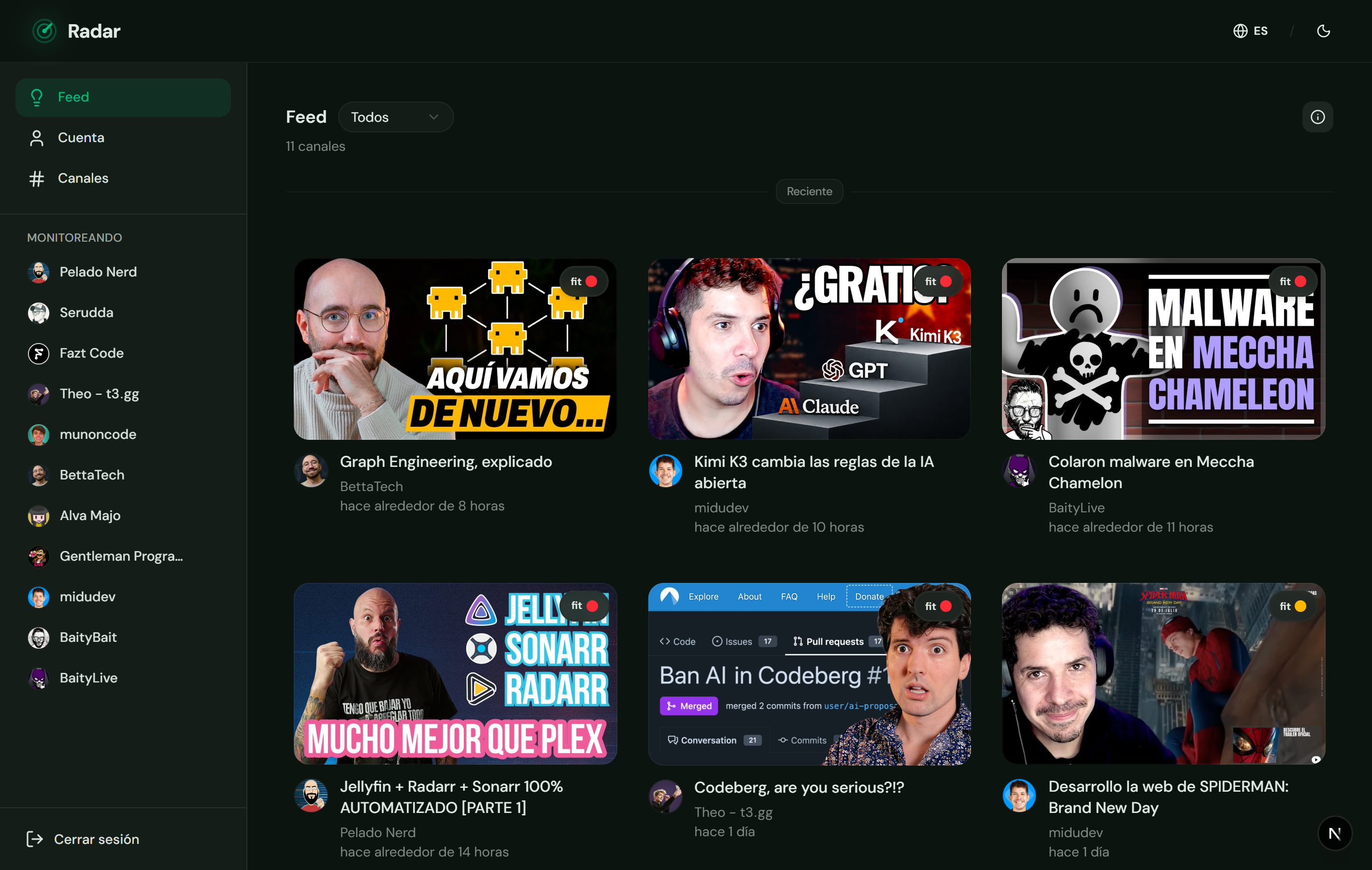Vista general del Feed con videos e indicadores de encaje