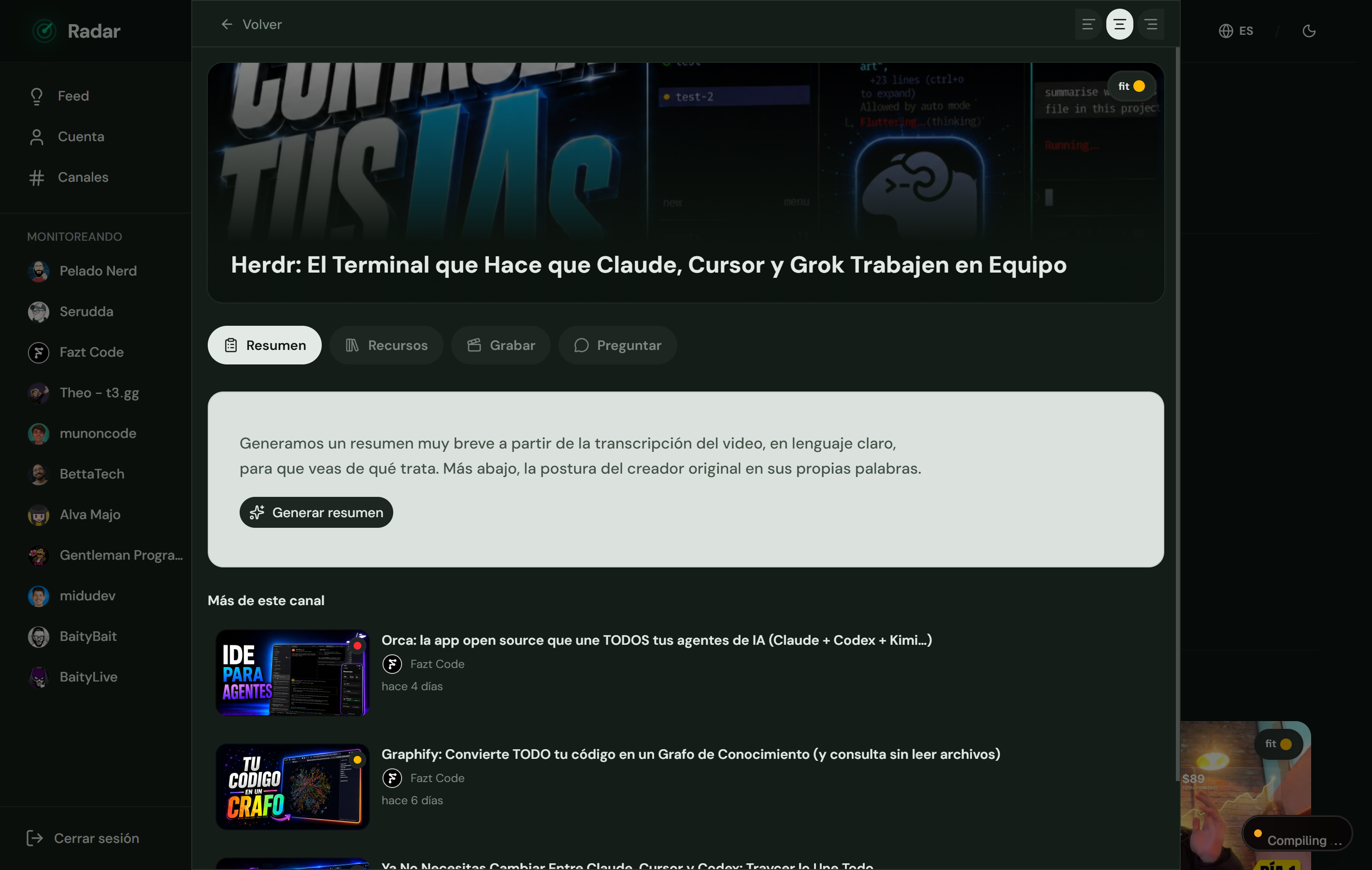 Detalle de un video con pestañas de resumen, recursos, grabación y chat